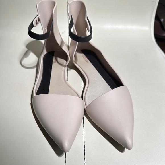 Melissa Cream and Black Flats with Pointed Toe and Ankle Strap - Picture 2 of 6
